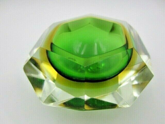 Murano Sommerso Green Amber Poli Seguso Facet Cut Art Glass Bowl photo vintage