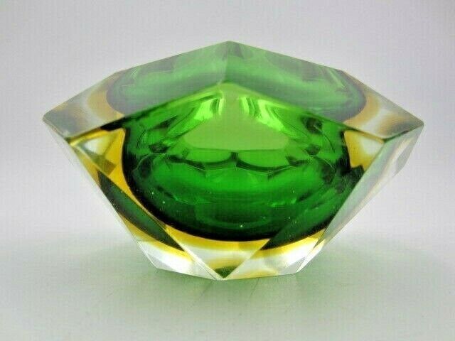 photo furniture Murano Sommerso Green Amber Poli Seguso Facet Cut Art Glass Bowl