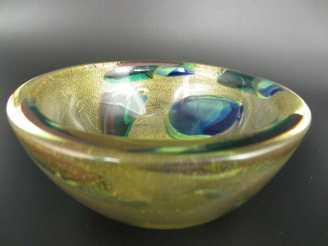 Archimede Seguso Gold Dust "Macchie Ambra Verde" Art Glass Murano Bowl 50s Find photo vinterior