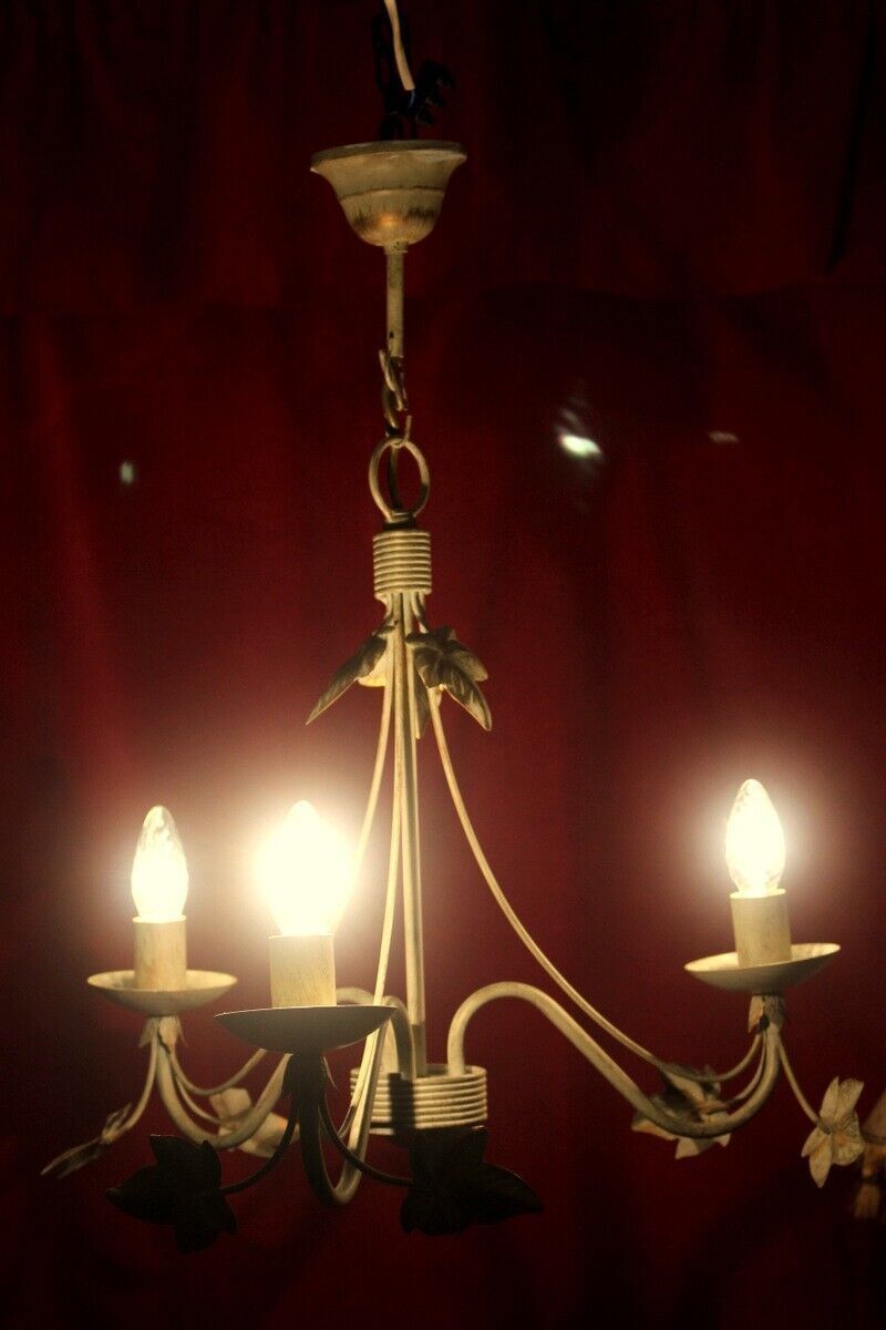 Italian Metal Tole Were Beige Chandelier 3 Arms With Golden Leaves photo furniture