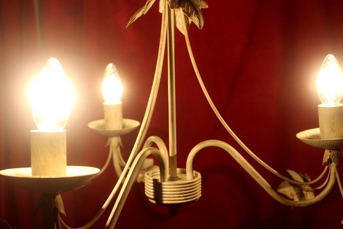 Italian Metal Tole Were Beige Chandelier 3 Arms With Golden Leaves photo Lighting