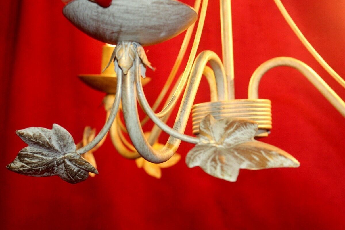 Italian Metal Tole Were Beige Chandelier 3 Arms With Golden Leaves photo vintage