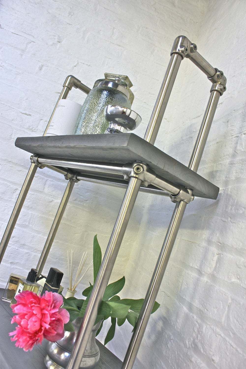 Bracken Reclaimed Scaffolding Board And Polished Steel Pipe Freestanding Bathroom Shelving/Storage Etagere Unit   Bespoke Urban Furniture photo for sale