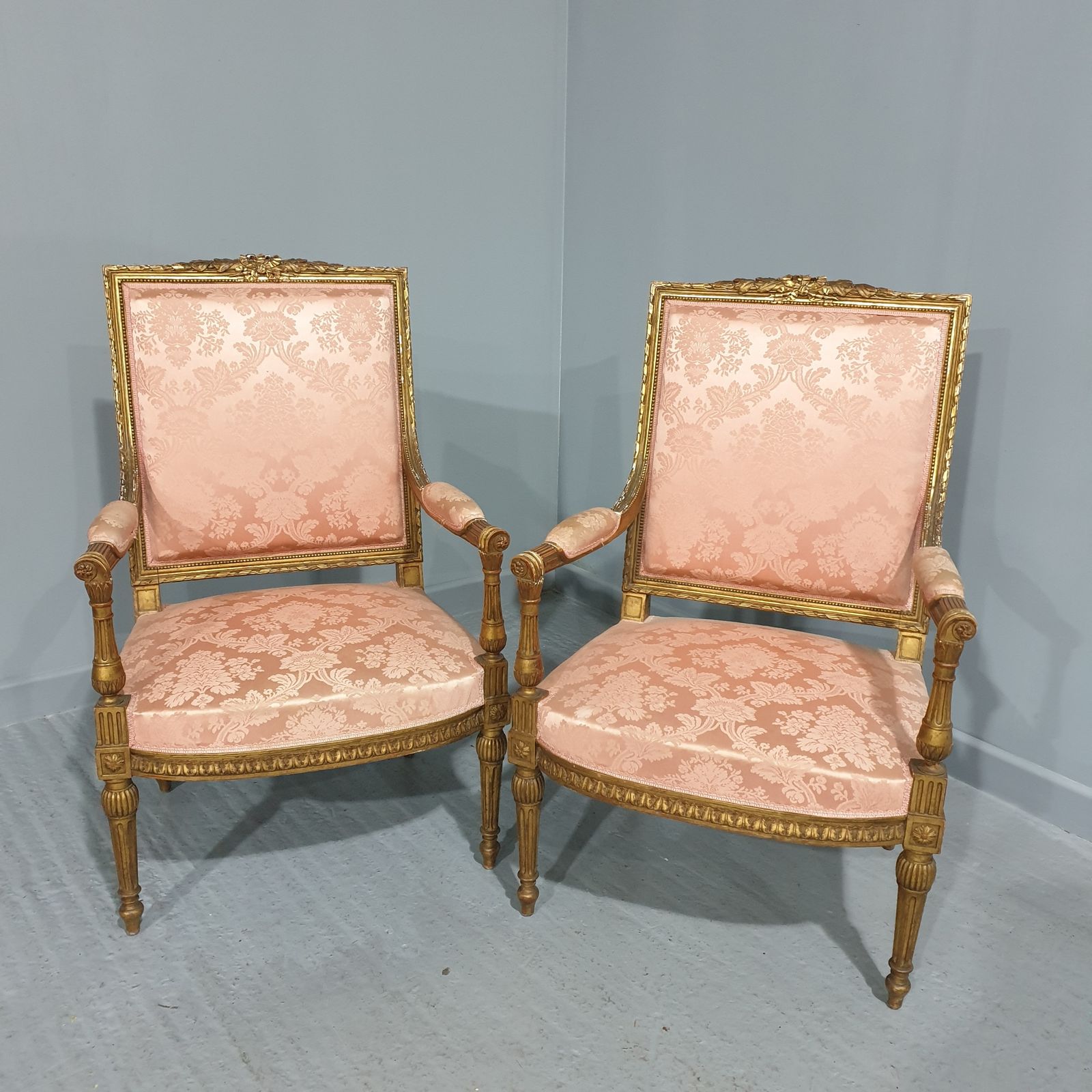 Superb Pair French Gilt Fauteuils Chairs