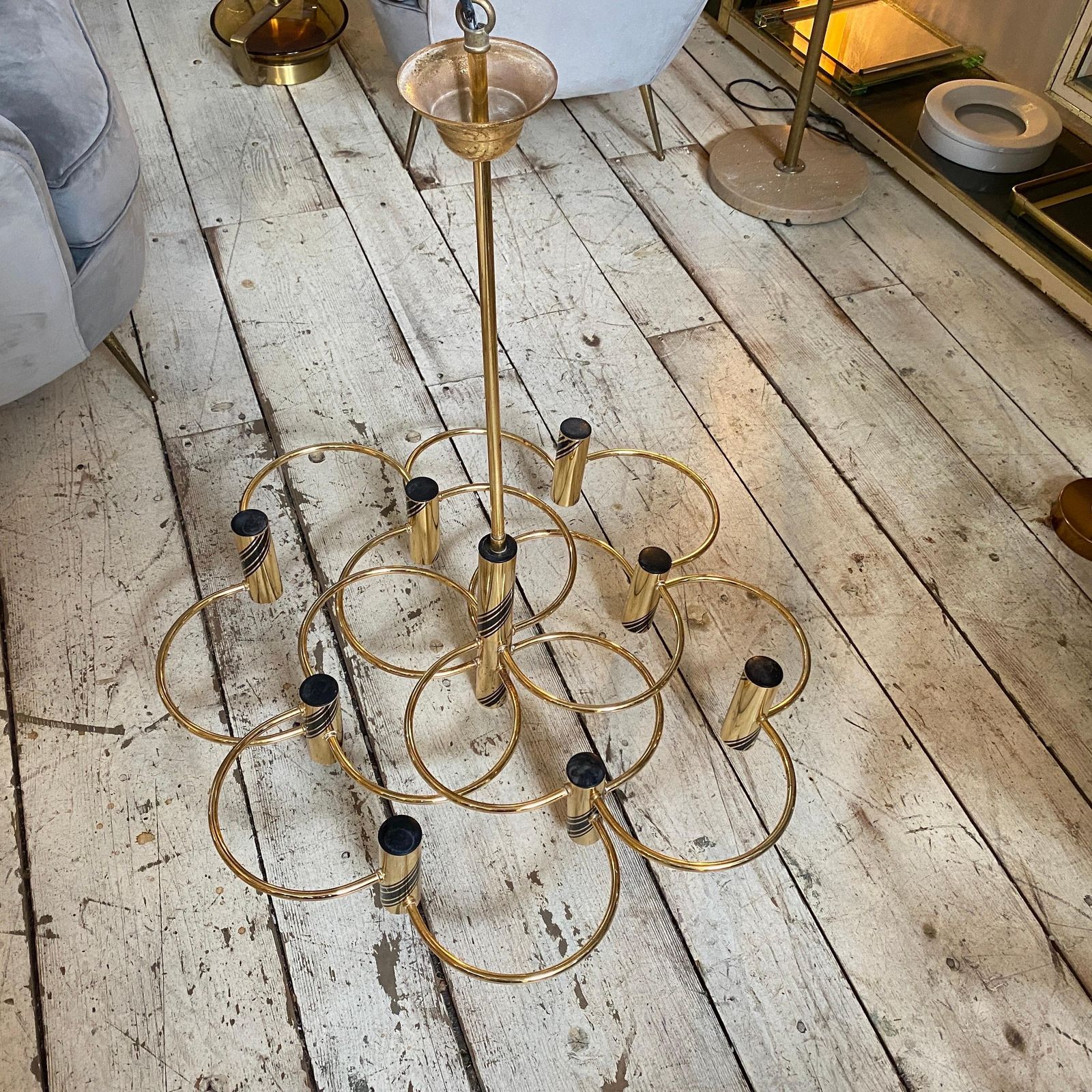 1970s Mid Century Modern Brass Italian Chandelier Or Ceiling Light By Sciolari photo vintage