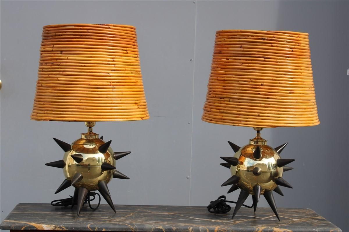Extraordinary Pair Of Table Lamps With Central Mina Dome In Bamboo 1950s Sputnik photo furniture