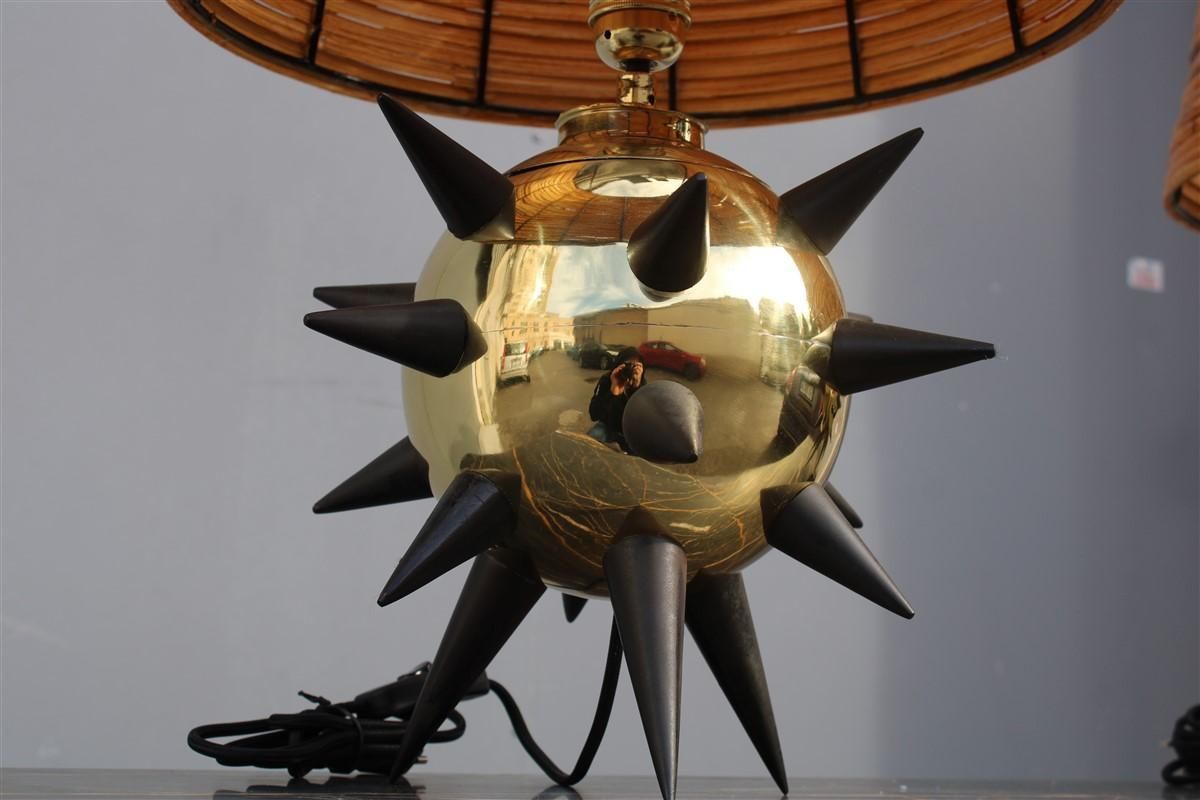 photo for sale Extraordinary Pair Of Table Lamps With Central Mina Dome In Bamboo 1950s Sputnik