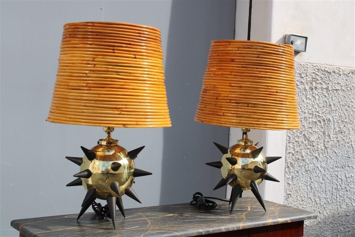 photo buy Extraordinary Pair Of Table Lamps With Central Mina Dome In Bamboo 1950s Sputnik