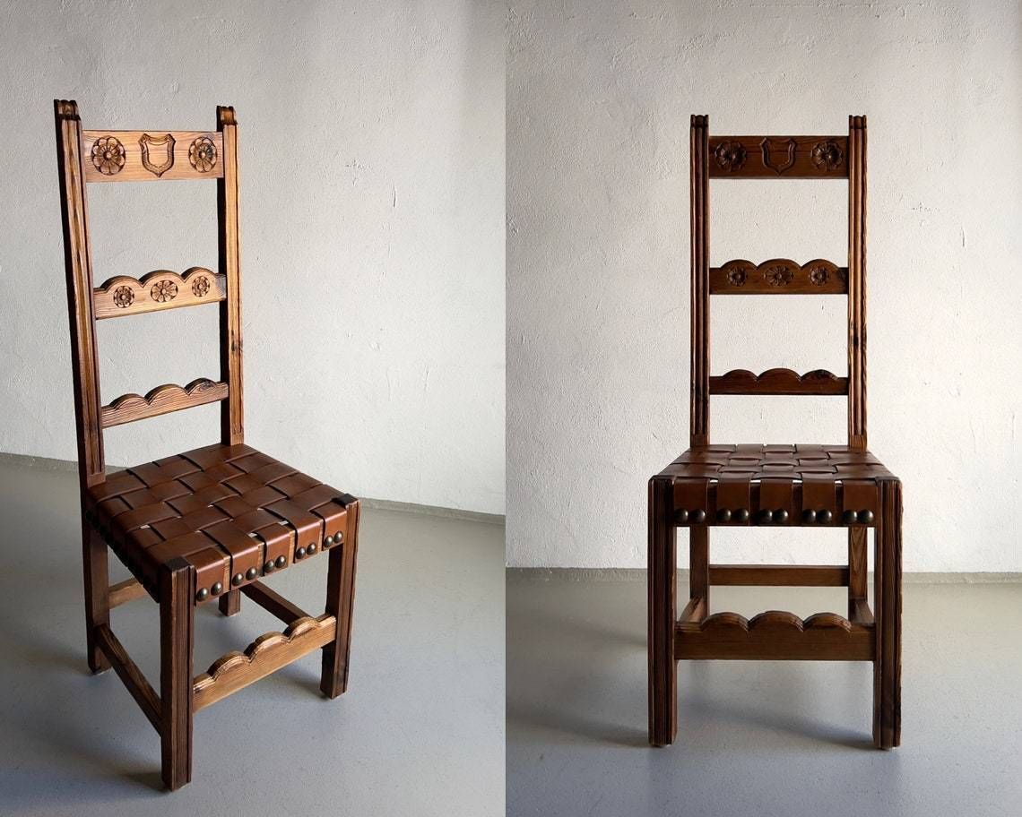 2 Brutalist Leather Seat Chairs / Carved Oak / Vintage