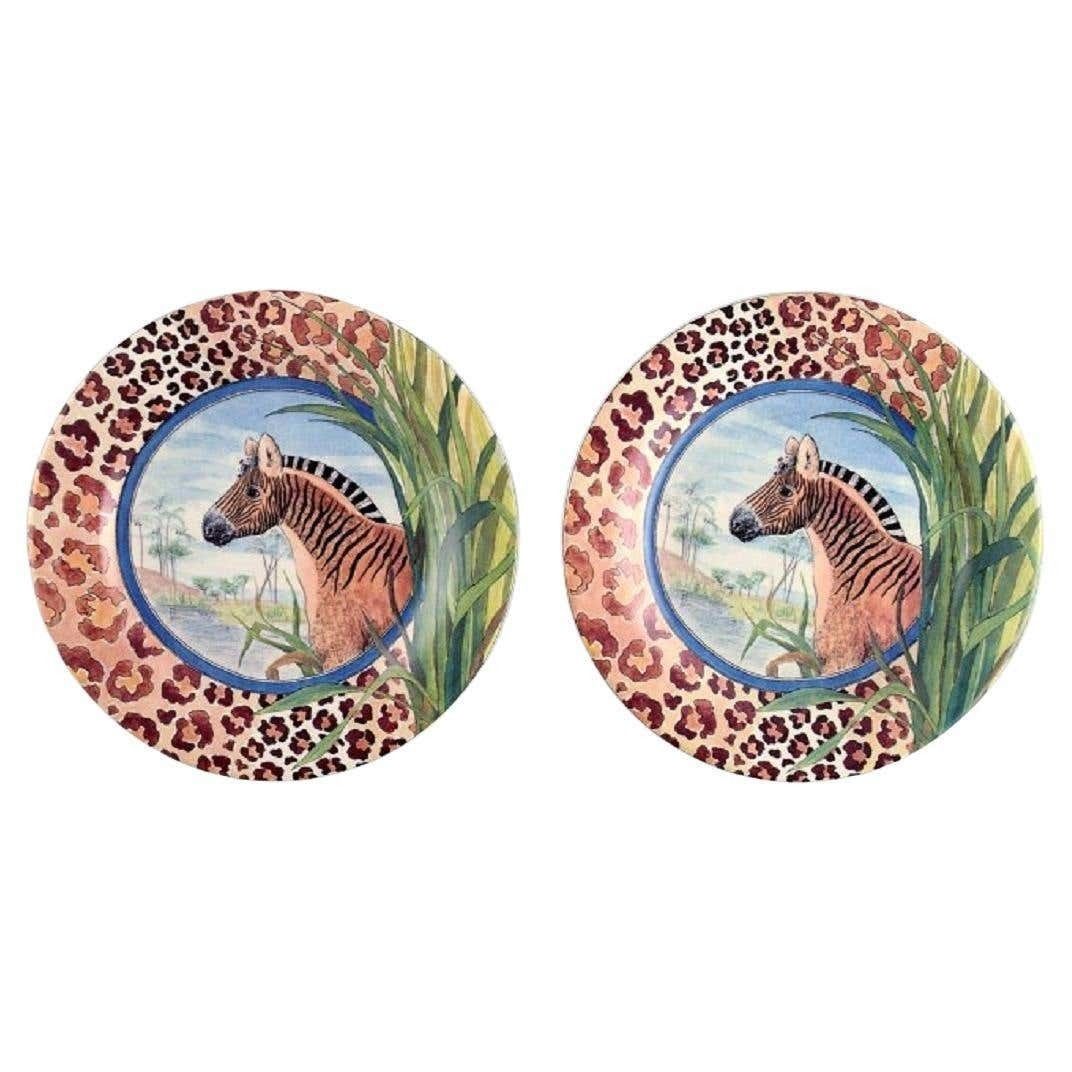 Gien, France, Two Savane Porcelain Plates With Hand Painted Zebras