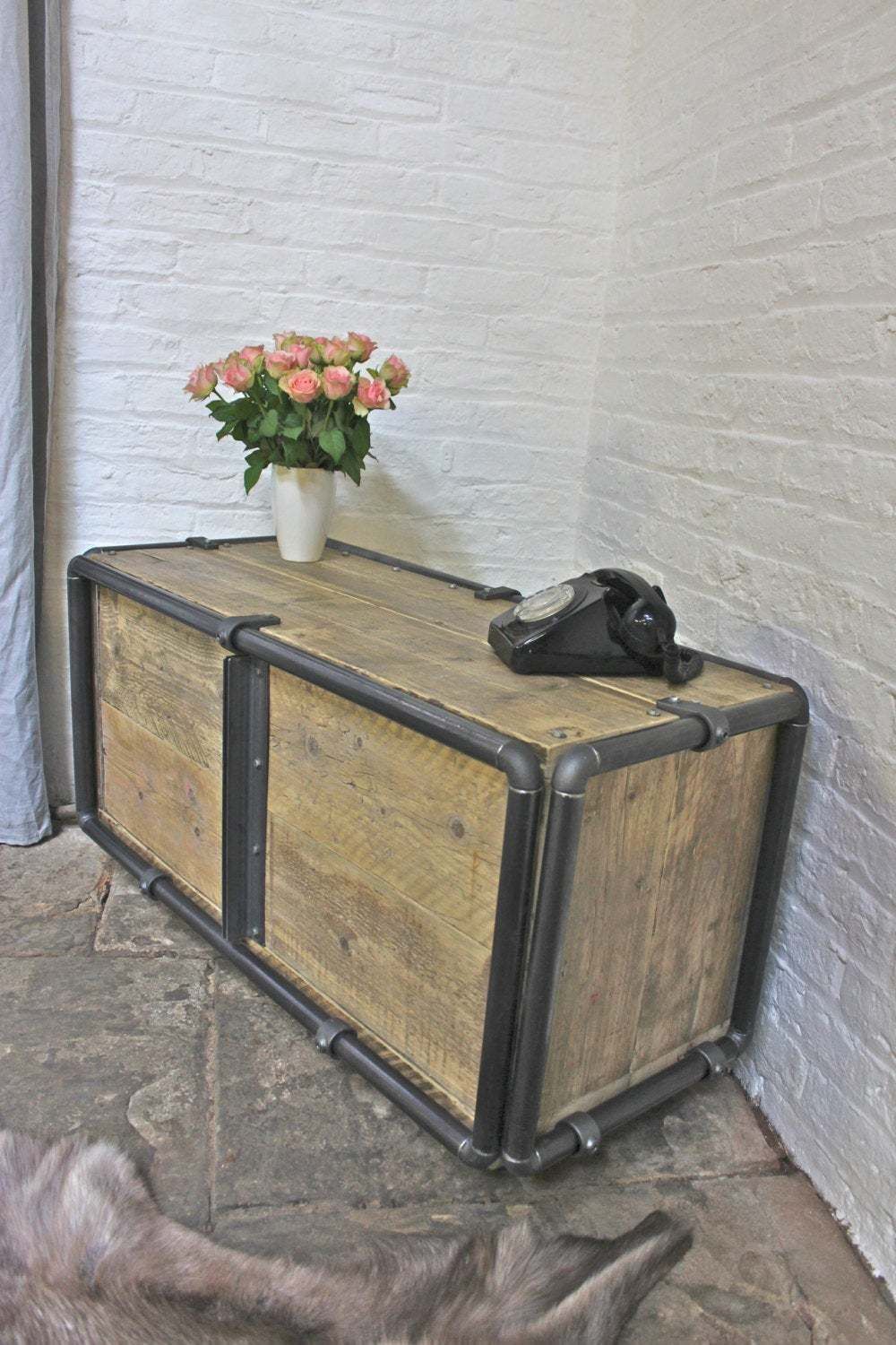 Christopher Reclaimed Scaffolding Board Media Unit On Castors With Steel Pipe Frame   Bespoke Urban Furniture