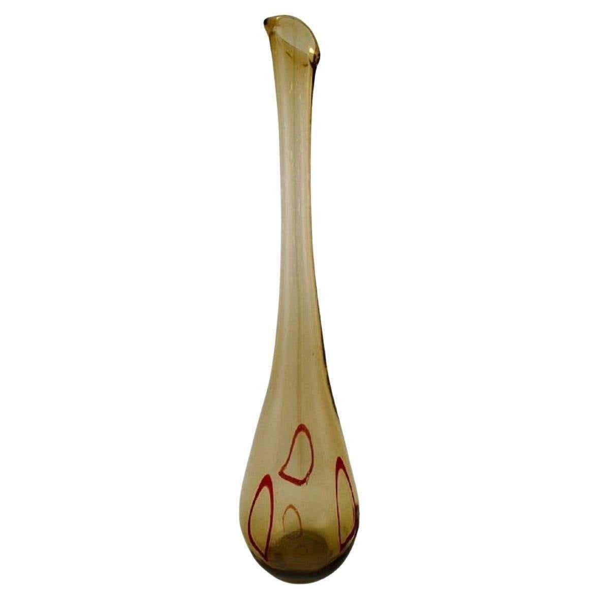 Large Murano Floor Vase In Smoky And Red Mouth Blown Art Glass