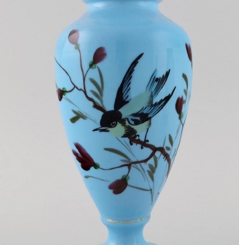 Three Antique Vases In Hand Painted Mouth Blown Opal Art Glass In Shades Of Blue photo furniture
