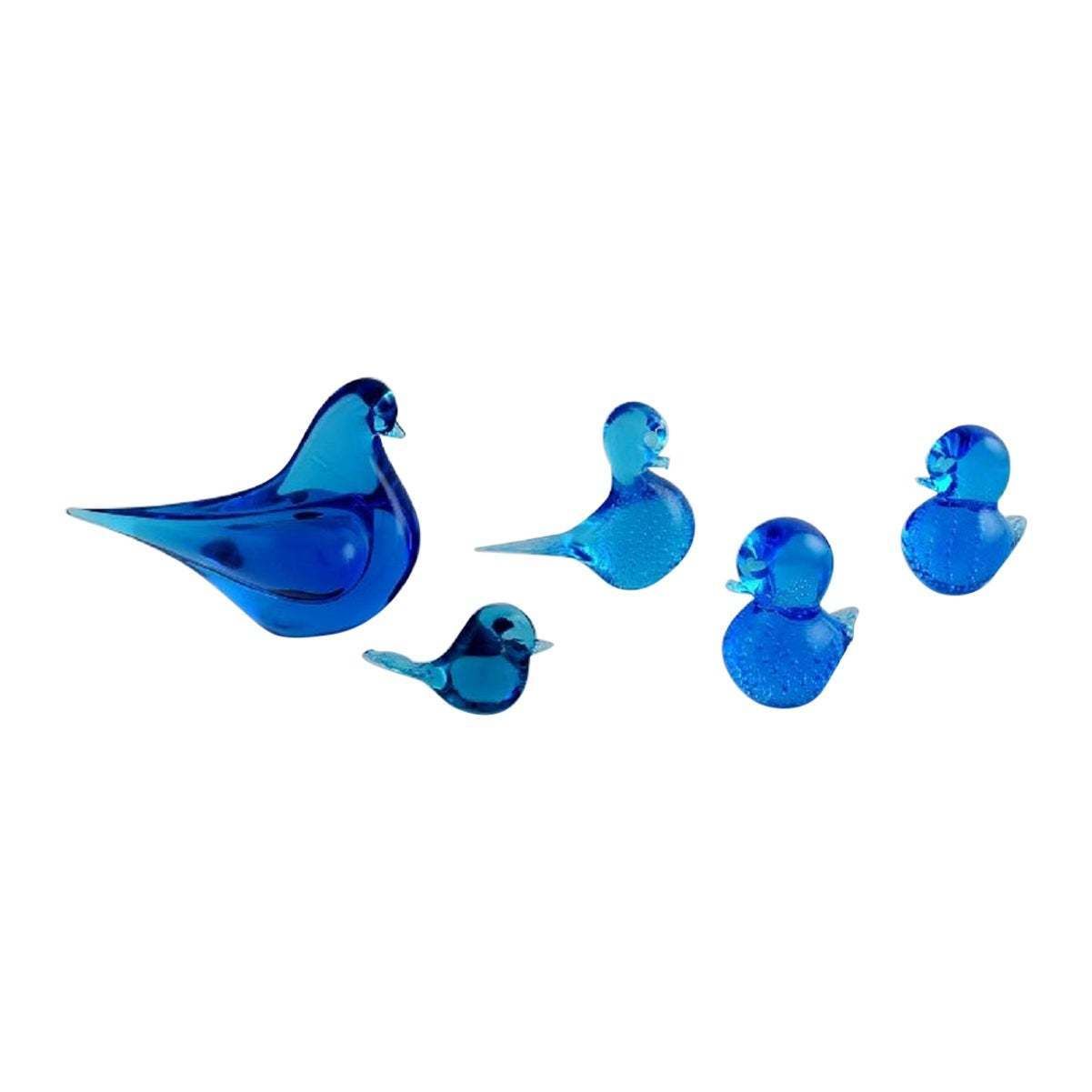 Ronneby, Sweden, Five Birds In Blue Mouth Blown Art Glass, 1970s
