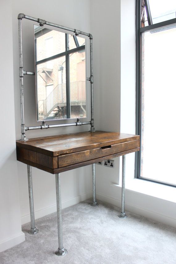 Meila Reclaimed Medium Oak Stained Scaffolding Board Industrial Style Dressing Table With Galvanised Threaded Steel Pipe Framed Mirror