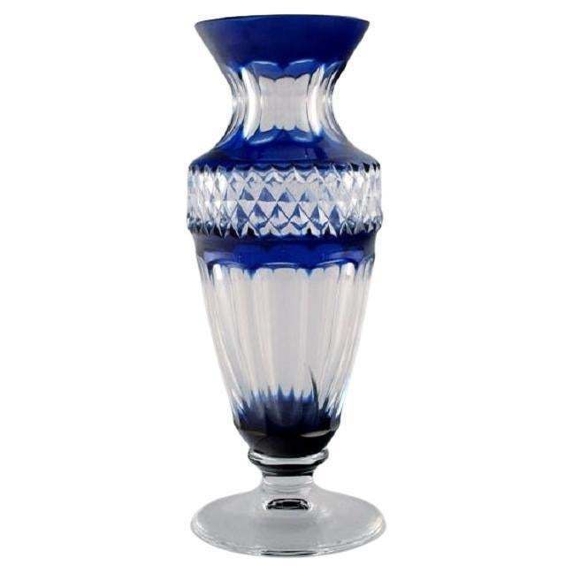 Bohemian Glass Vase In Clear And Blue Art Glass, Classic Style, Mid 20th C