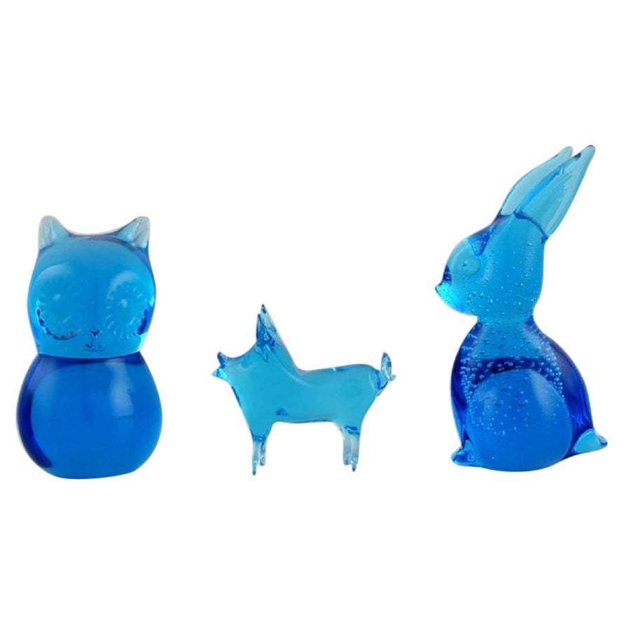 Ronneby, Sweden, Three Figures In Blue Mouth Blown Art Glass, 1970s