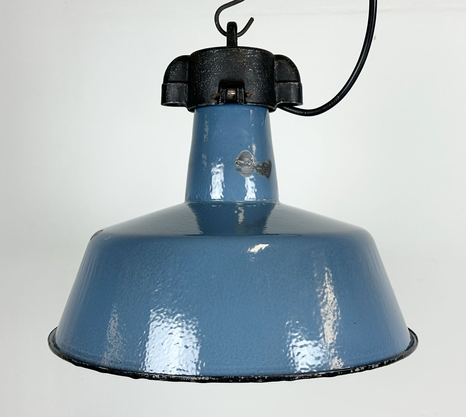 Industrial Blue Enamel Factory Lamp With Cast Iron Top, 1960s, 4x photo for sale