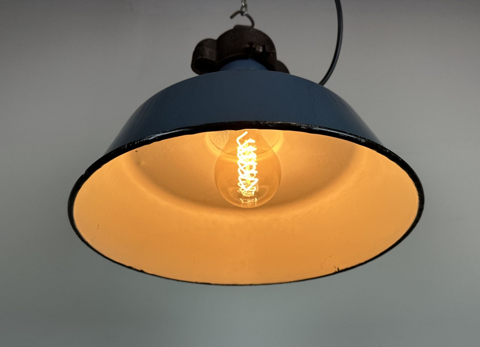 Industrial Blue Enamel Factory Lamp With Cast Iron Top, 1960s, 4x photo Lighting