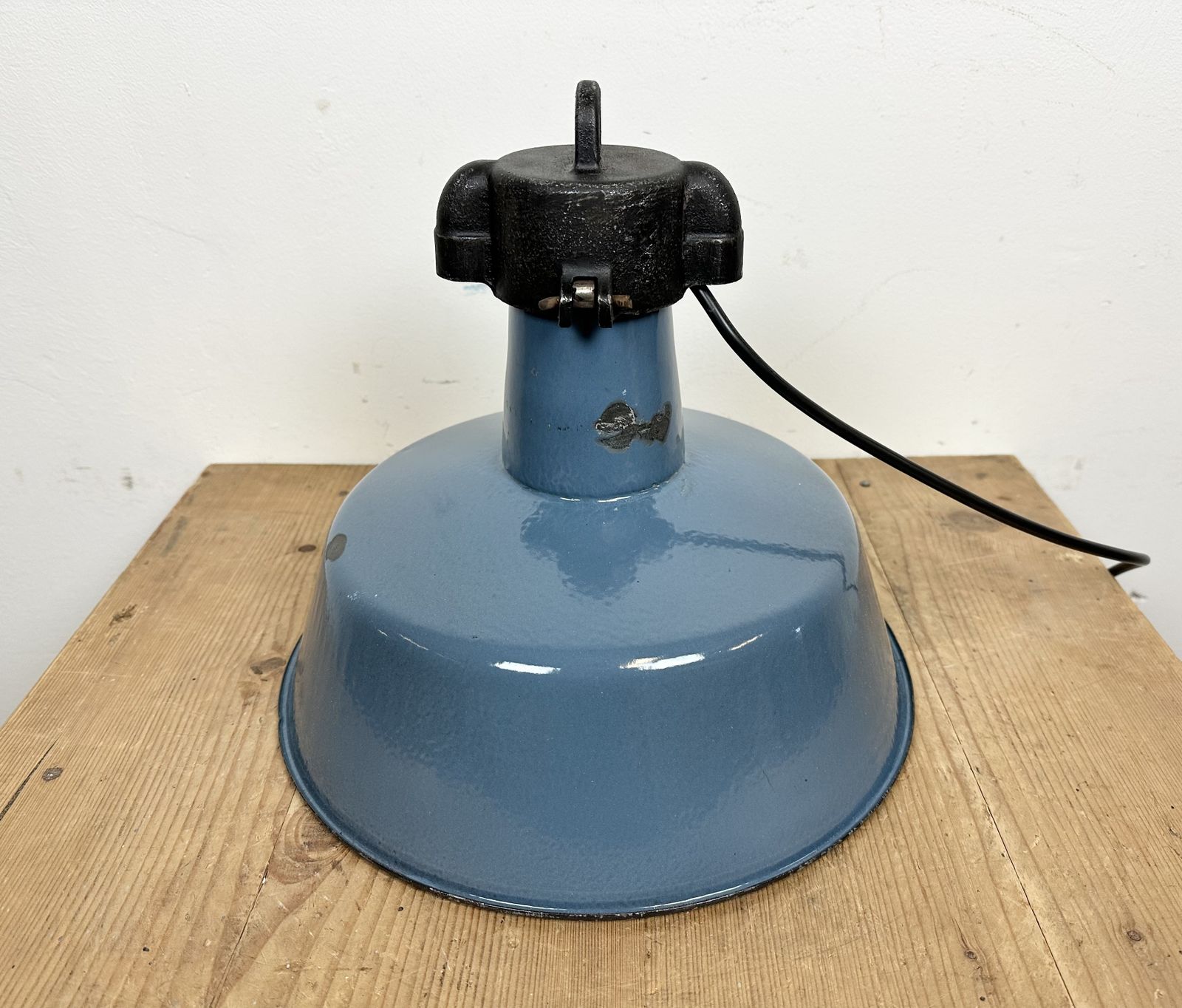 199.0 Industrial Blue Enamel Factory Lamp With Cast Iron Top, 1960s, 4x photo