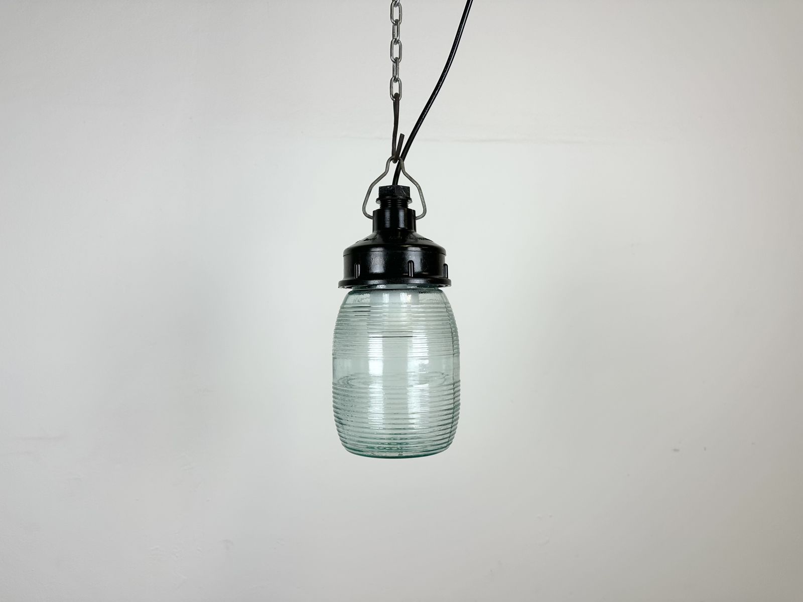 Industrial Bakelite Pendant Light With Ribbed Glass, 1970s photo vinterior