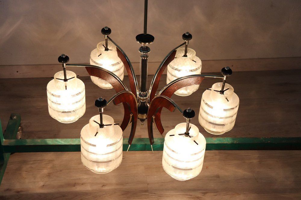 Mid Century Italian Glass Bowls Wood Brass And Black Lacquered Metal Chandelier 1950s photo furniture