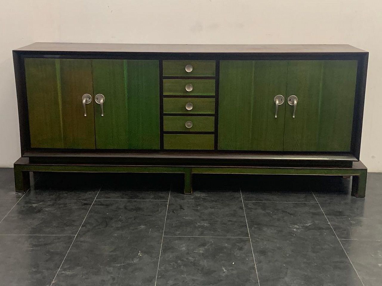 Credenza With Mirror In Rosewood & Maple With Green Aniline Futurist Handles, 1930s, Set Of 2 photo 4840.16