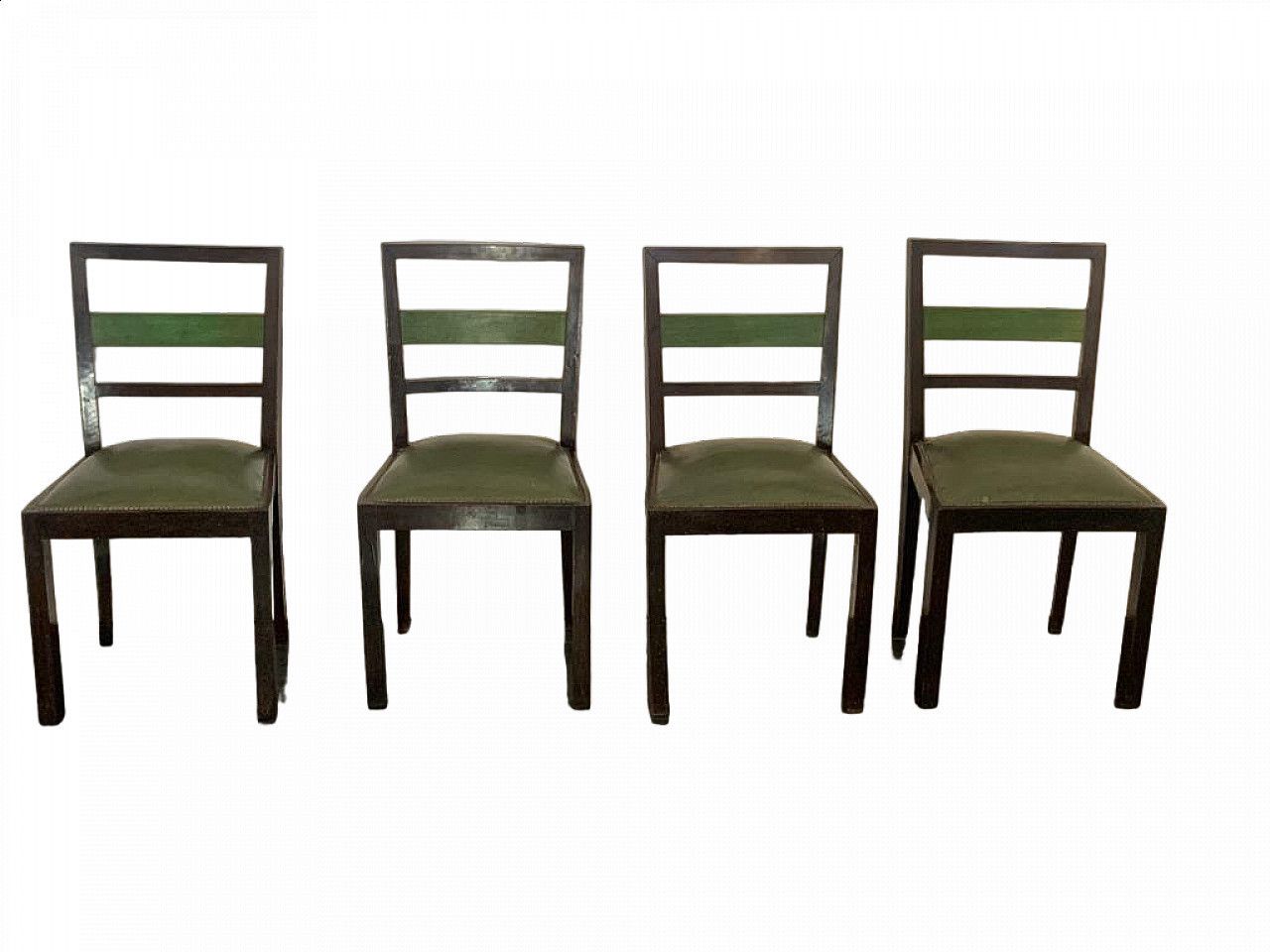 4 Art Deco Style Chairs In Green Stained Wood, 1940s