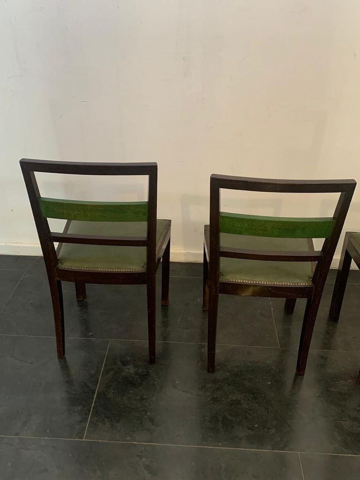 photo for sale 4 Art Deco Style Chairs In Green Stained Wood, 1940s