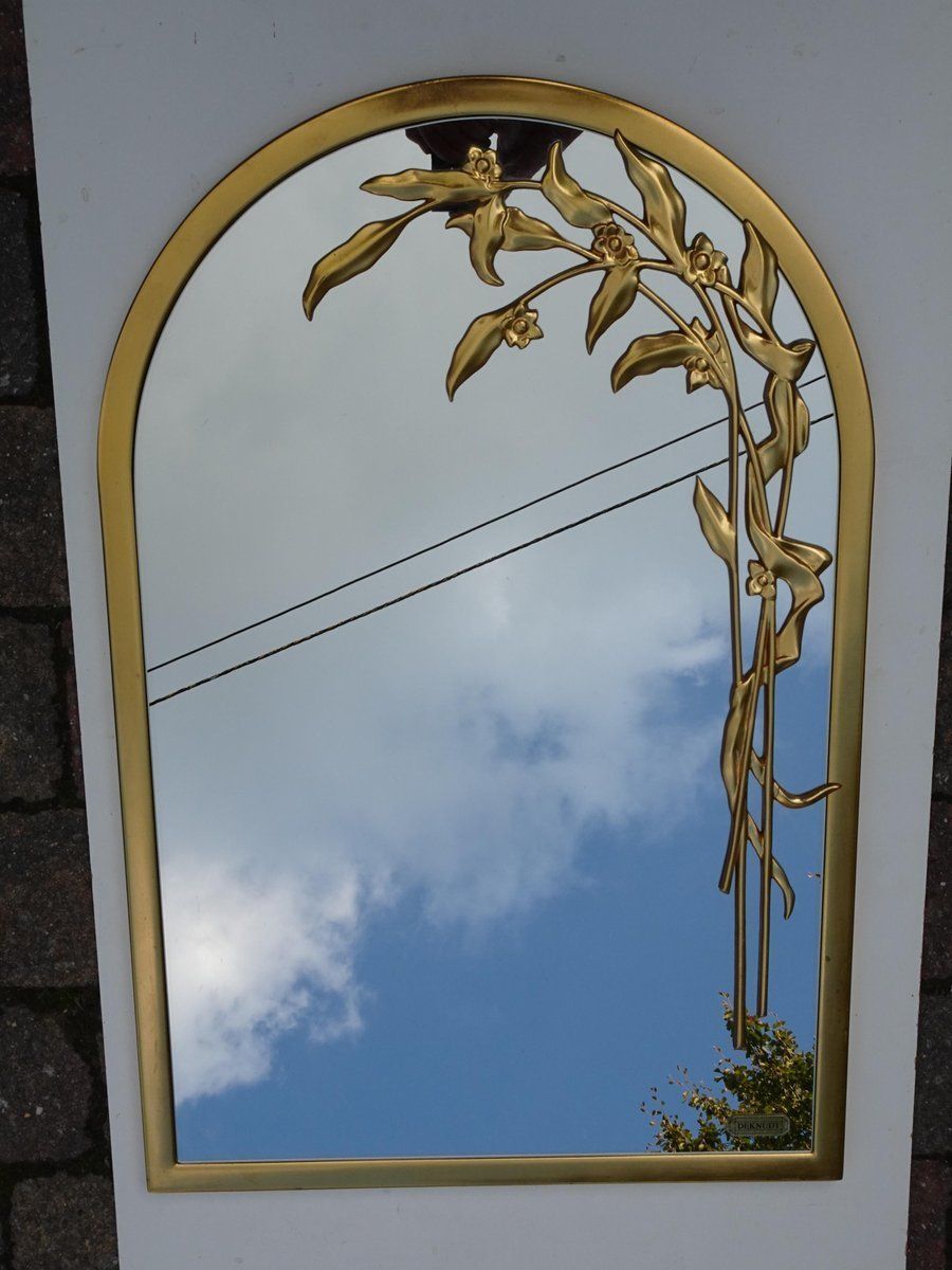 Round Gilt Wall Mirror Wiht Floral Design From Deknudt Belgium 1970s photo for sale