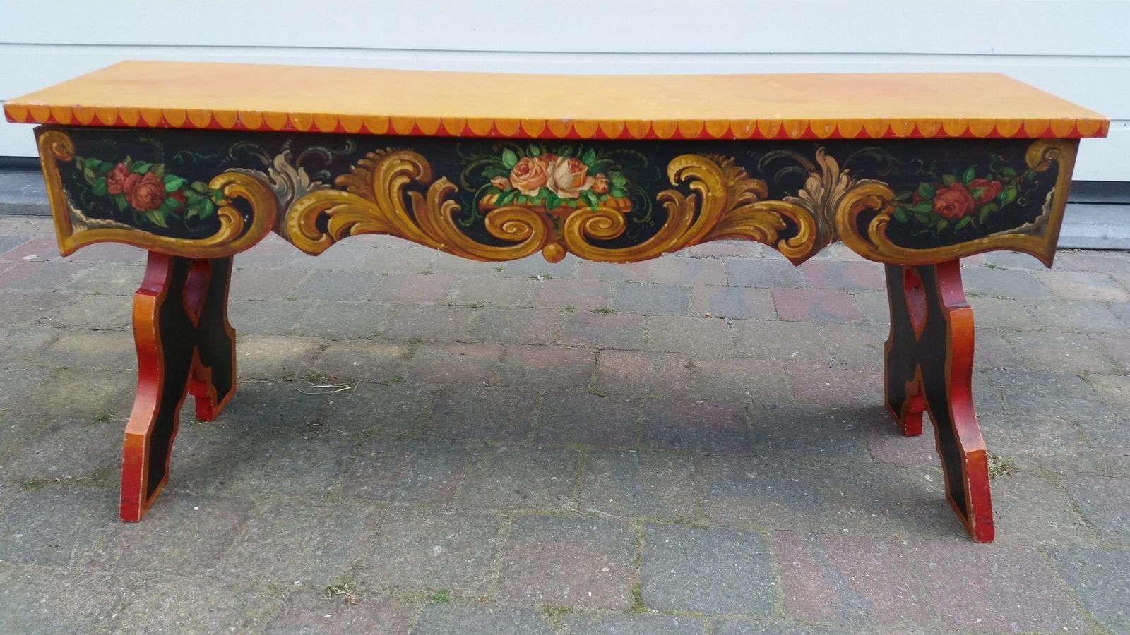 French Hand Painted Wooden Bench By R. Jaeg 1961