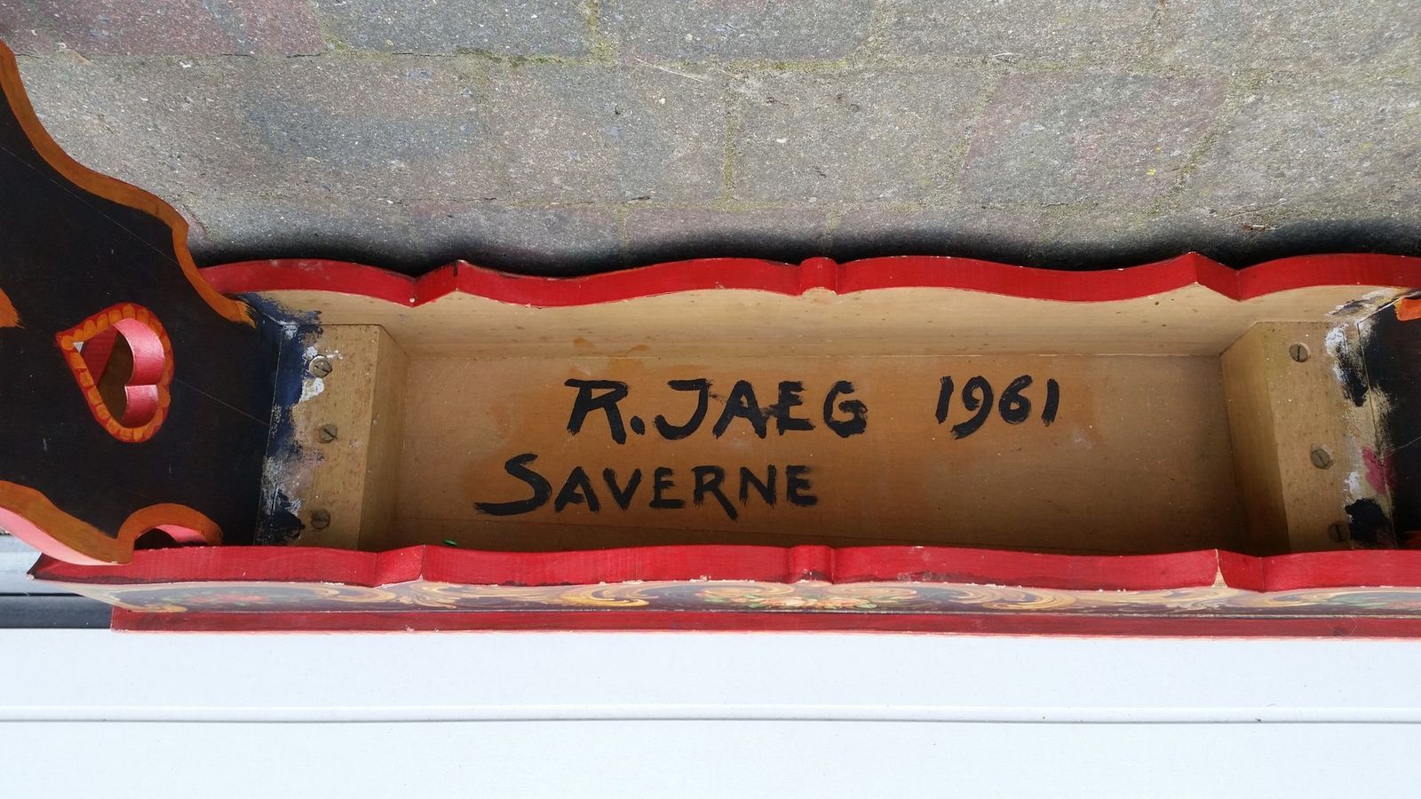 French Hand Painted Wooden Bench By R. Jaeg 1961 photo furniture
