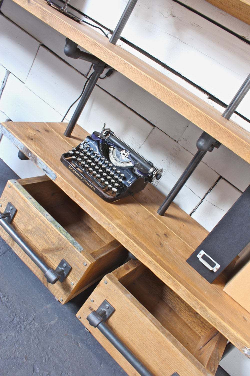Caroline Reclaimed Scaffolding Boards And Dark Steel Pipe Industrial Desk And Shelves With Storage Boxes On Wheels   Bespoke Urban Furniture photo for sale