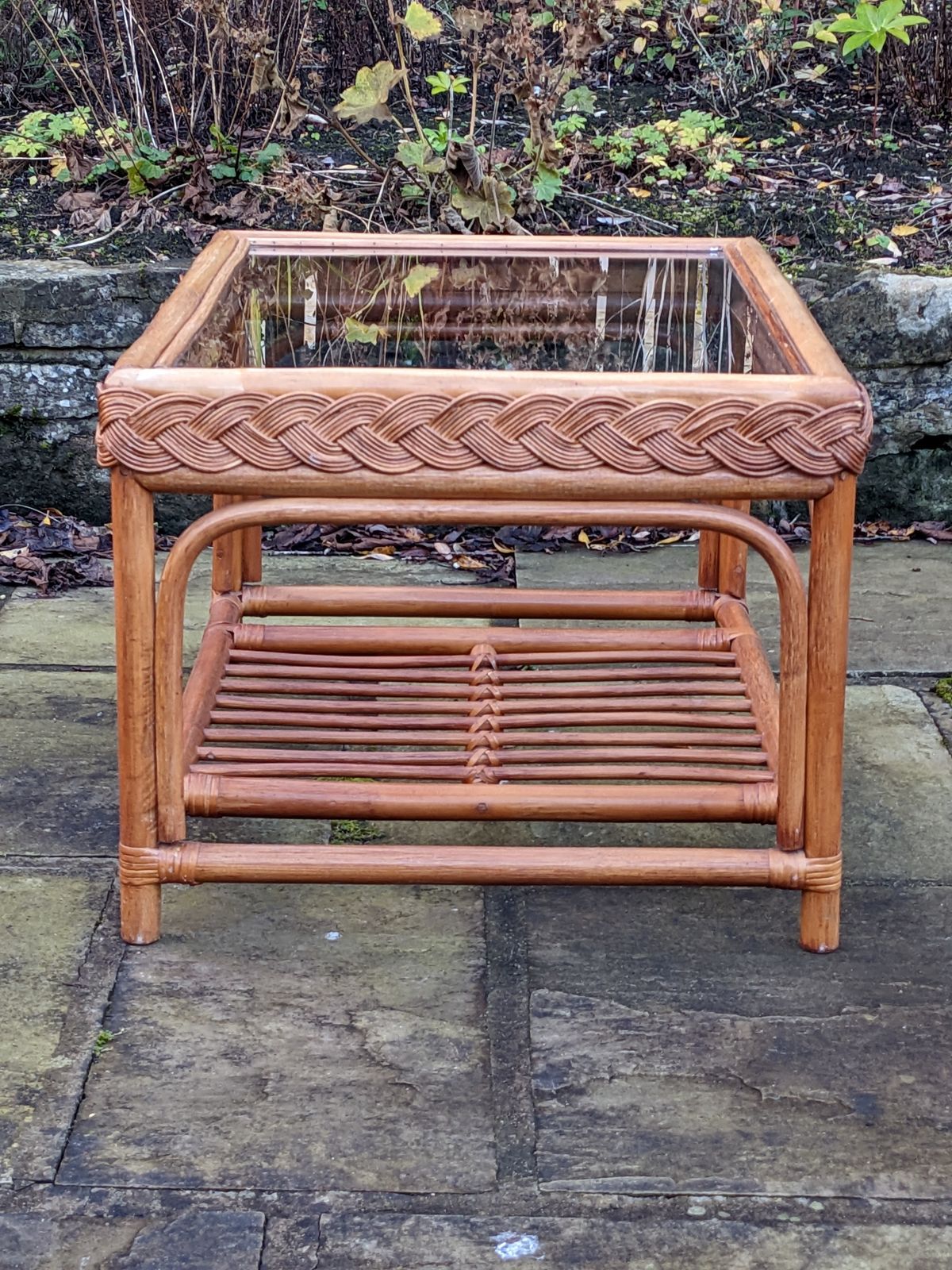 photo furniture Vintage Boho Bamboo And Glass Coffee Table