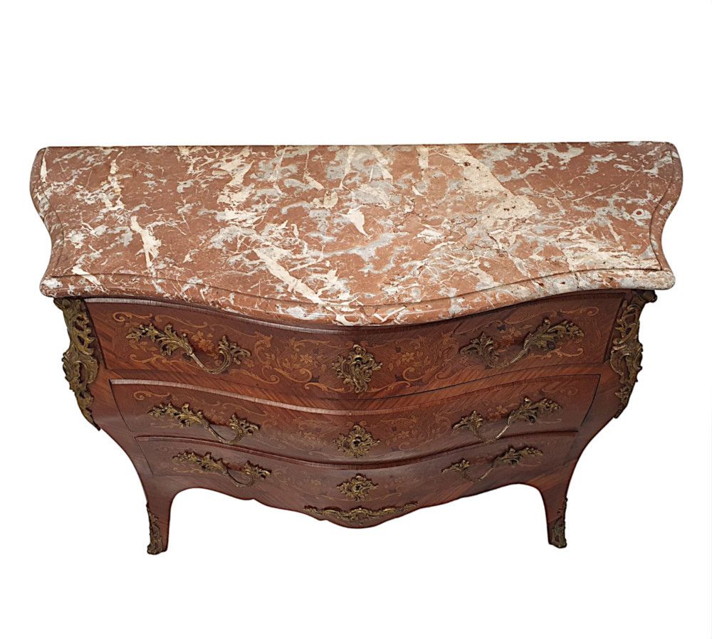 A Very Fine 19th Century Marquetry Inlaid Marble Top Chest Of Drawers photo for sale