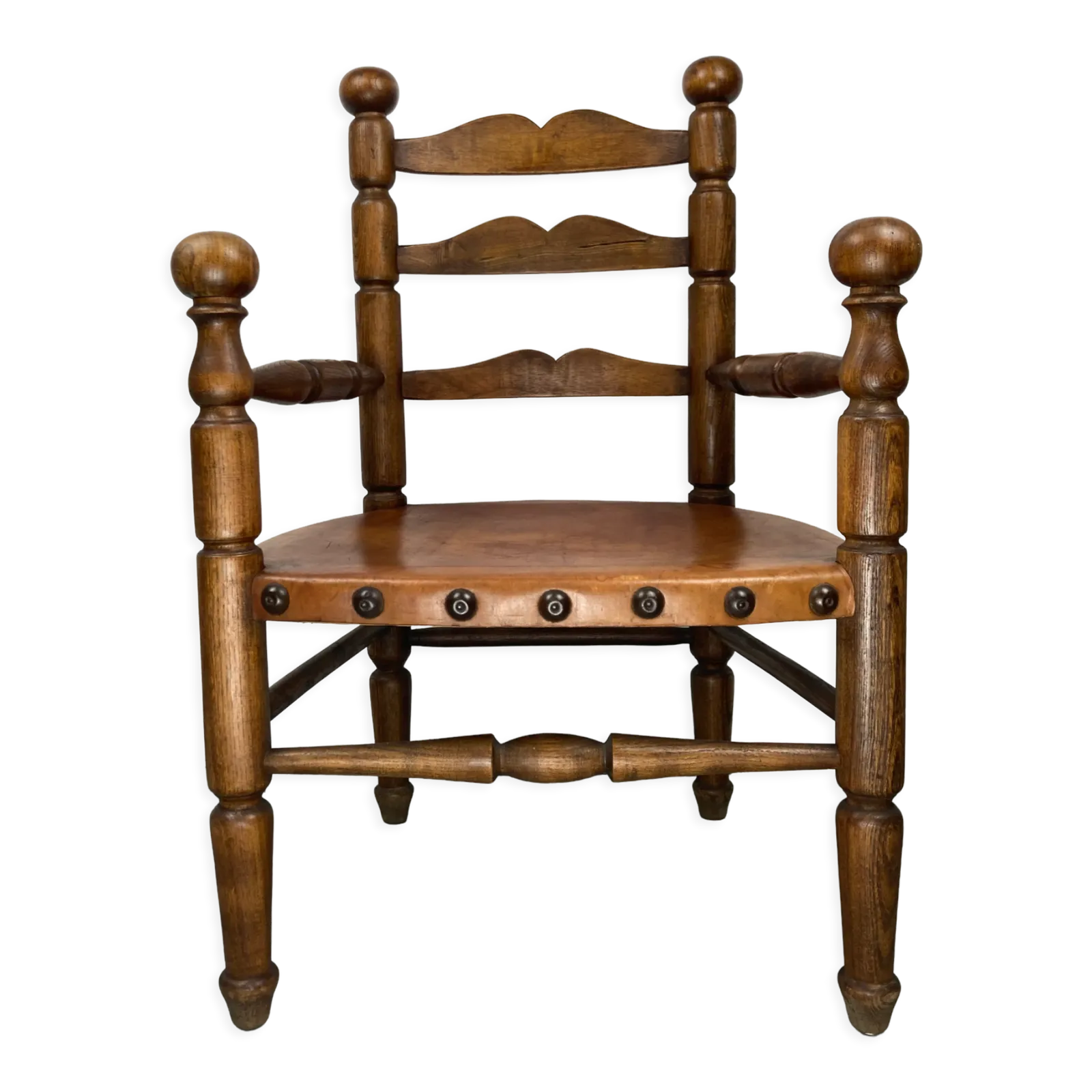 Rustic French Farm Chair, Leather Seat In The Manner Of Charles Dudouyt