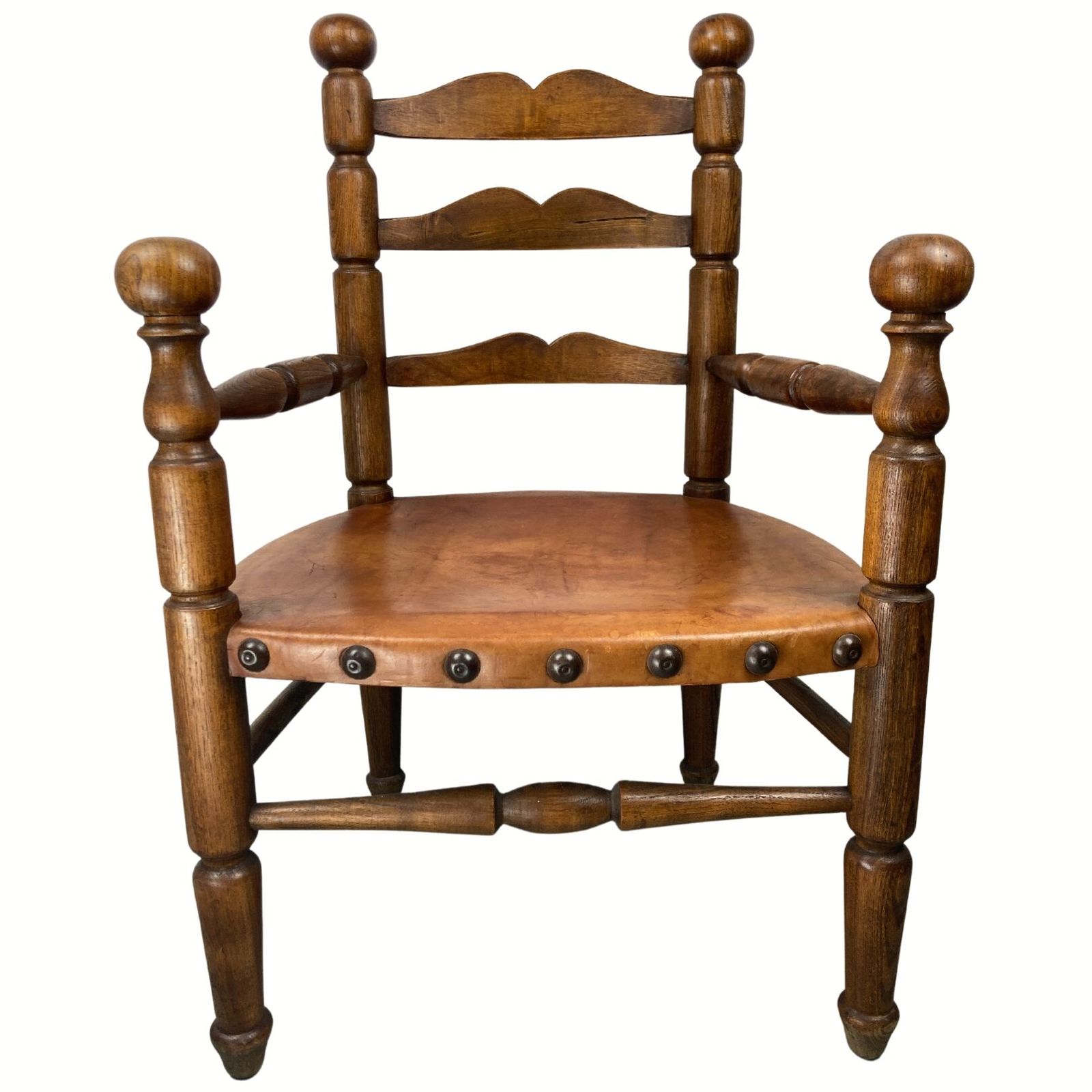 Furniture Rustic French Farm Chair, Leather Seat In The Manner Of Charles Dudouyt photo