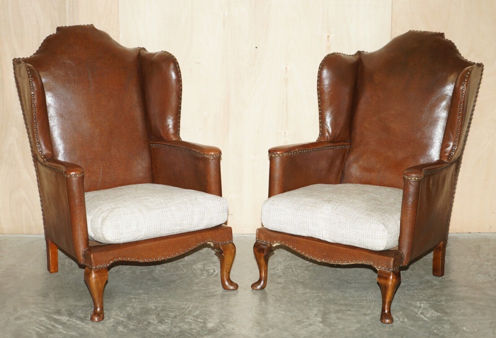 Antique Pair Of Circa 1880 William Morris Carved Legged Wingback Armchairs