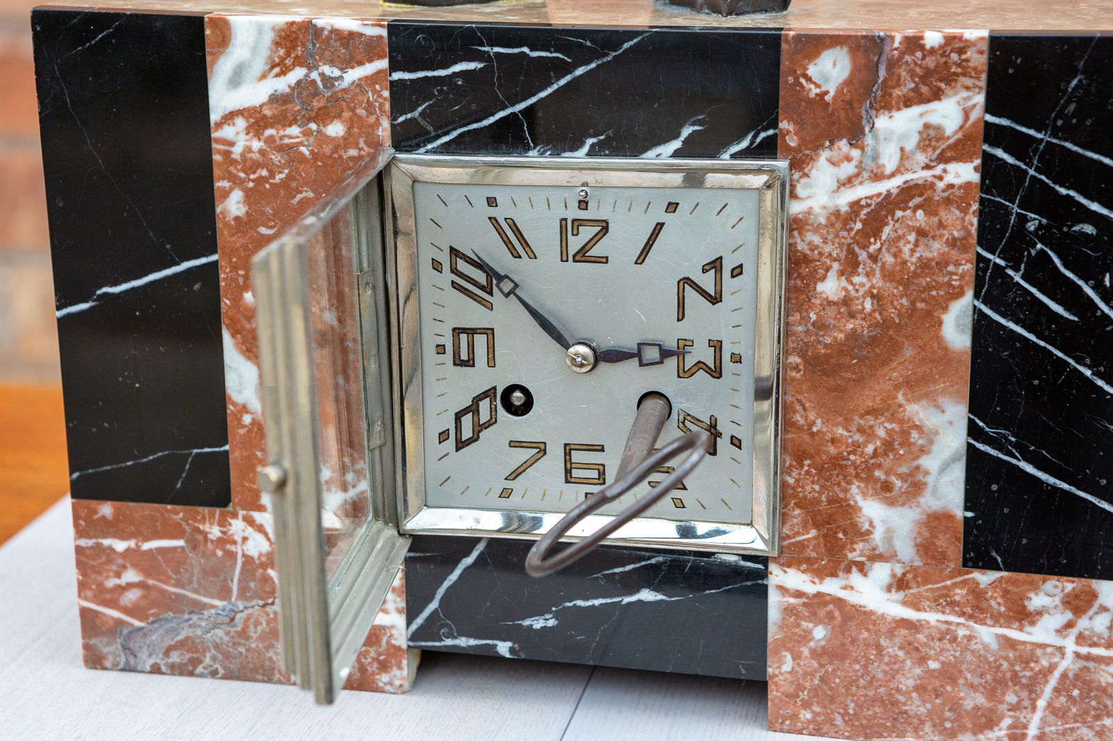 750.0 Art Deco Marble Mantel Clock French 1930s Bronze Swans Mantle France Chiming photo