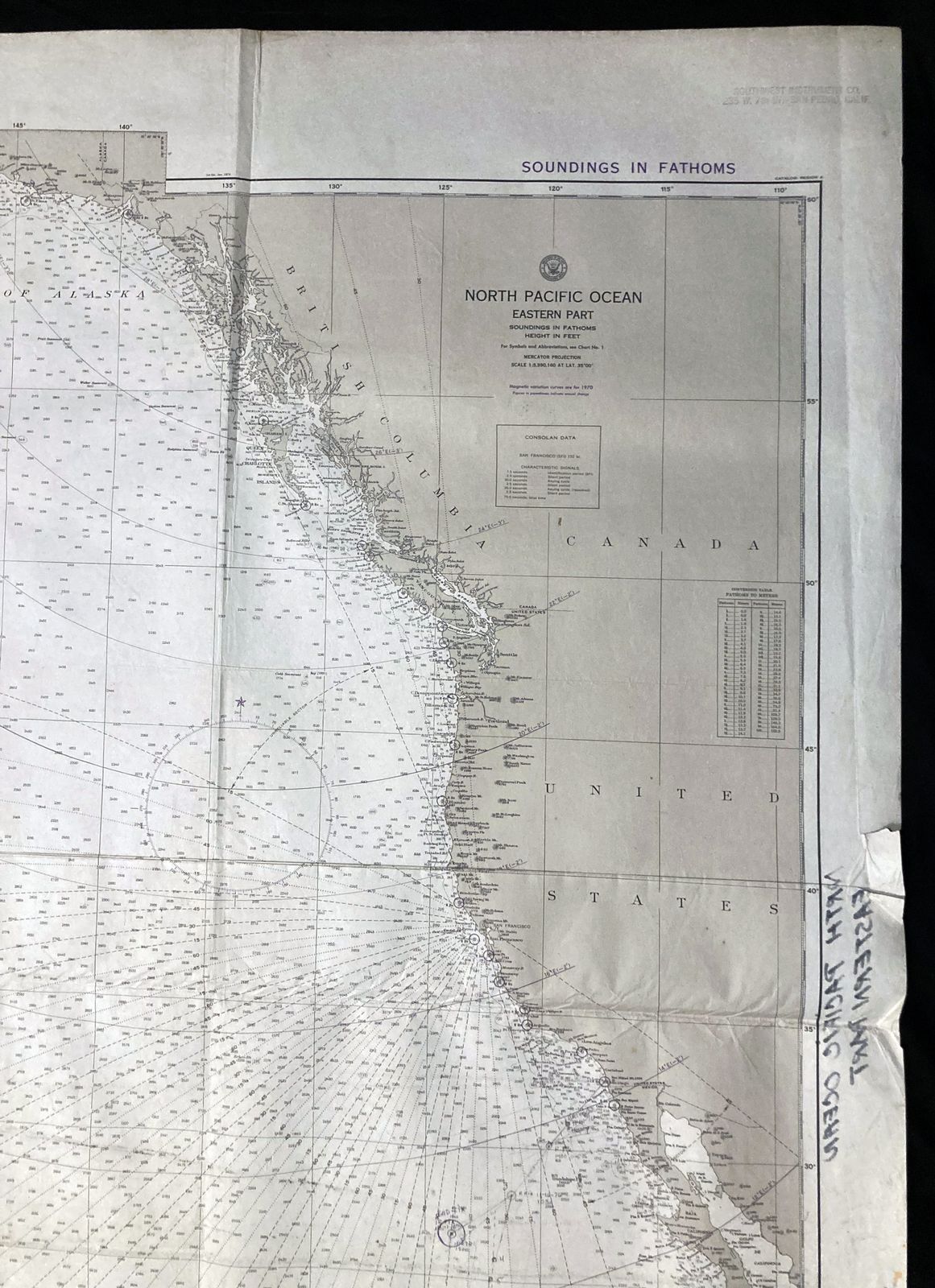 Nga Nautical Chart 520:North Pacific Ocean Canada USA Hawaii 1975 photo for sale