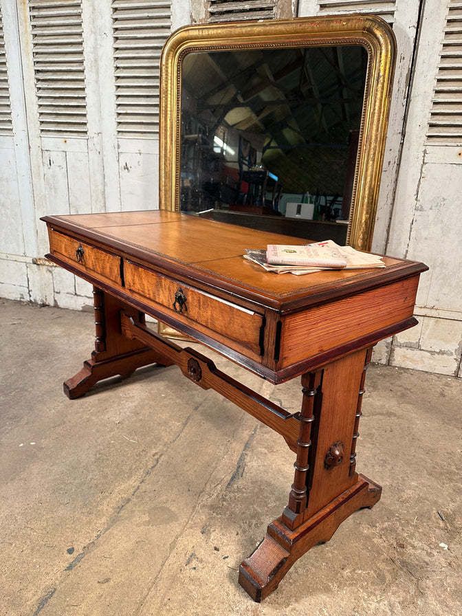 Rare Howard And Sons Stunning Quarter Sawn Oak And Baltic Pitch Pine Tooled Leather Aesthetic Movement Writing Desk Console Circa 1870