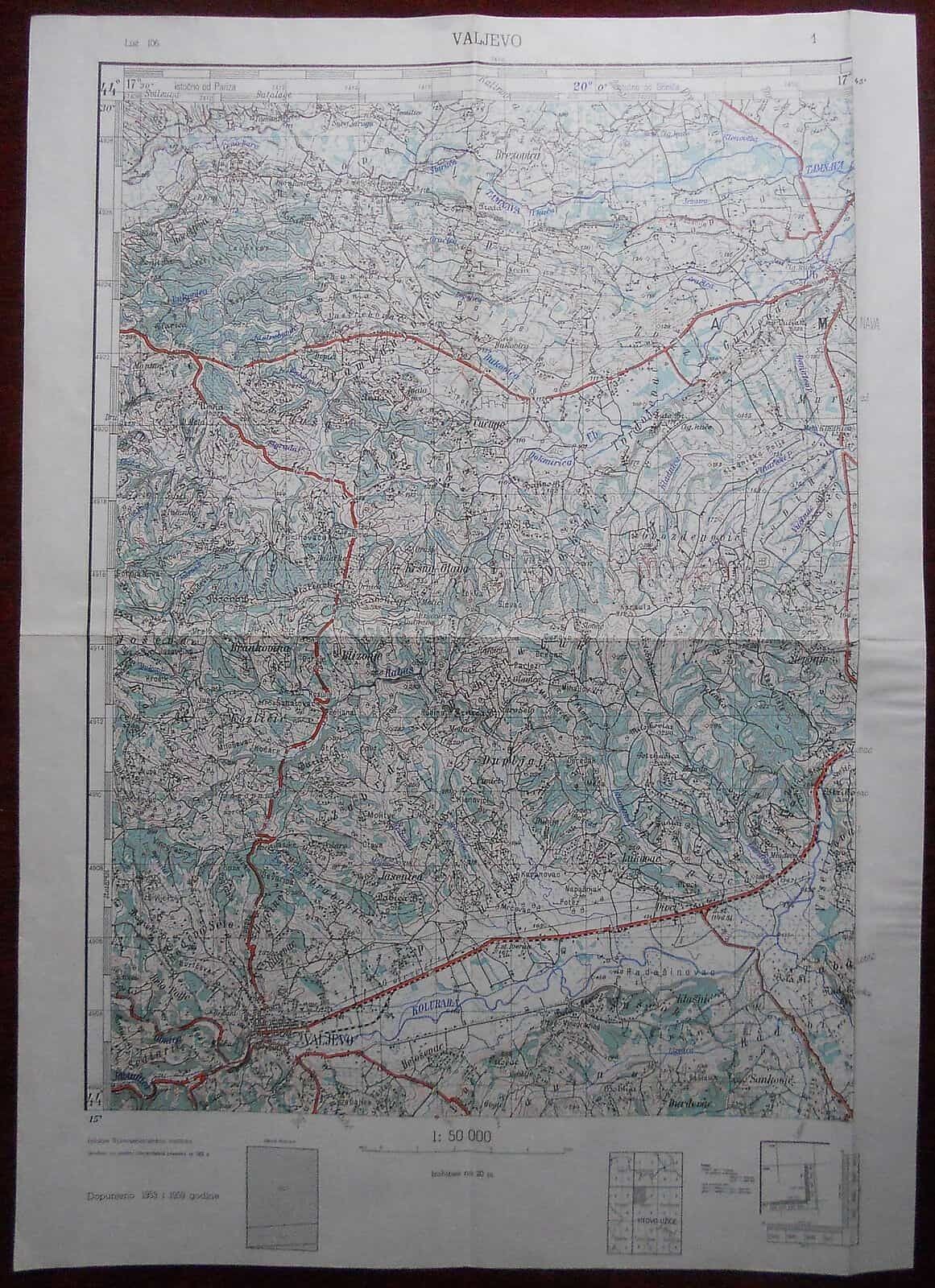 1959 Original Military Topographic Map Valjevo Kolubara Serbia Yugoslavia