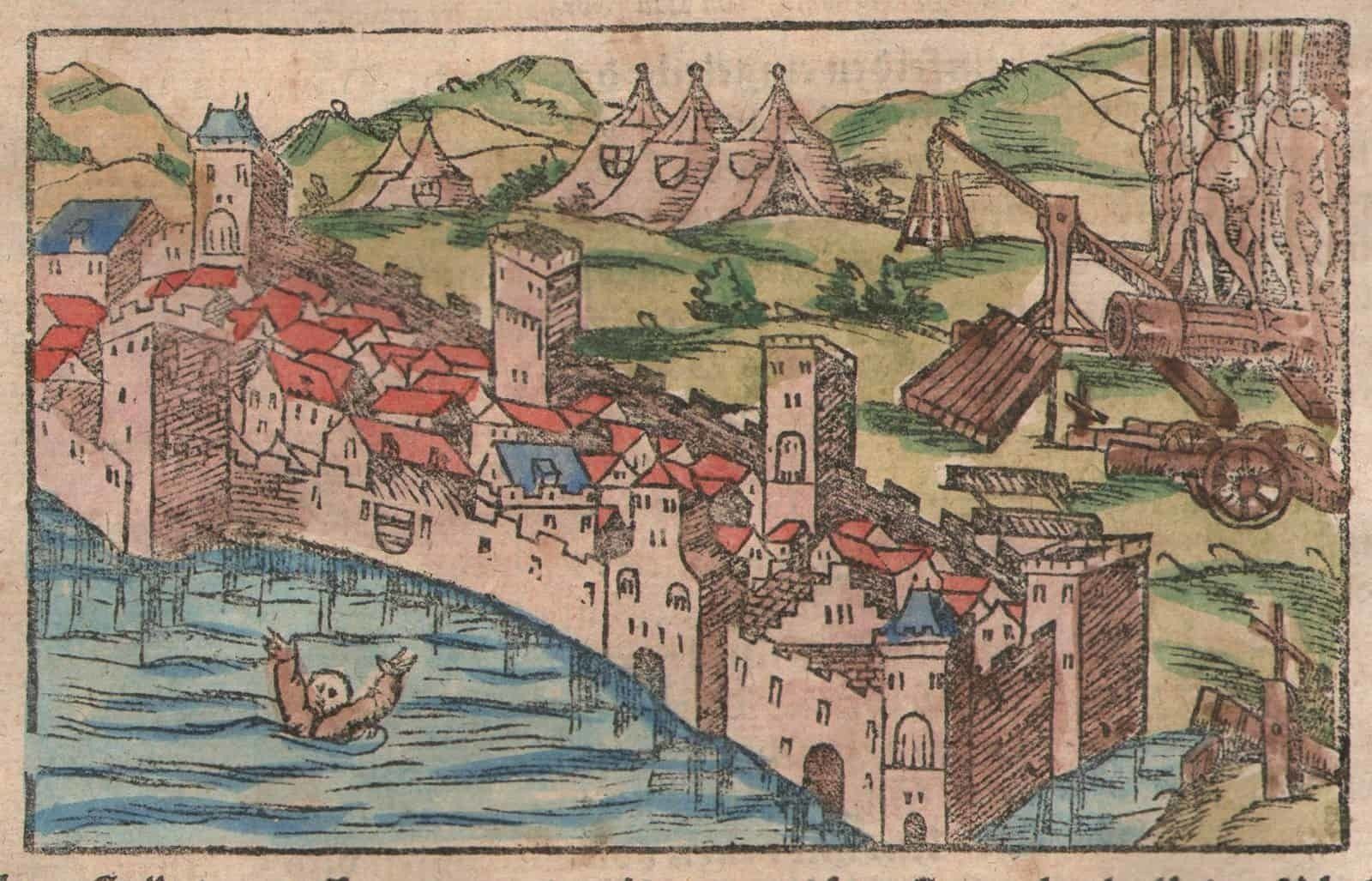 Munster Cosmographia Belagerung Von Bad Kreuznach Woodcut Siege Germany Colored photo furniture