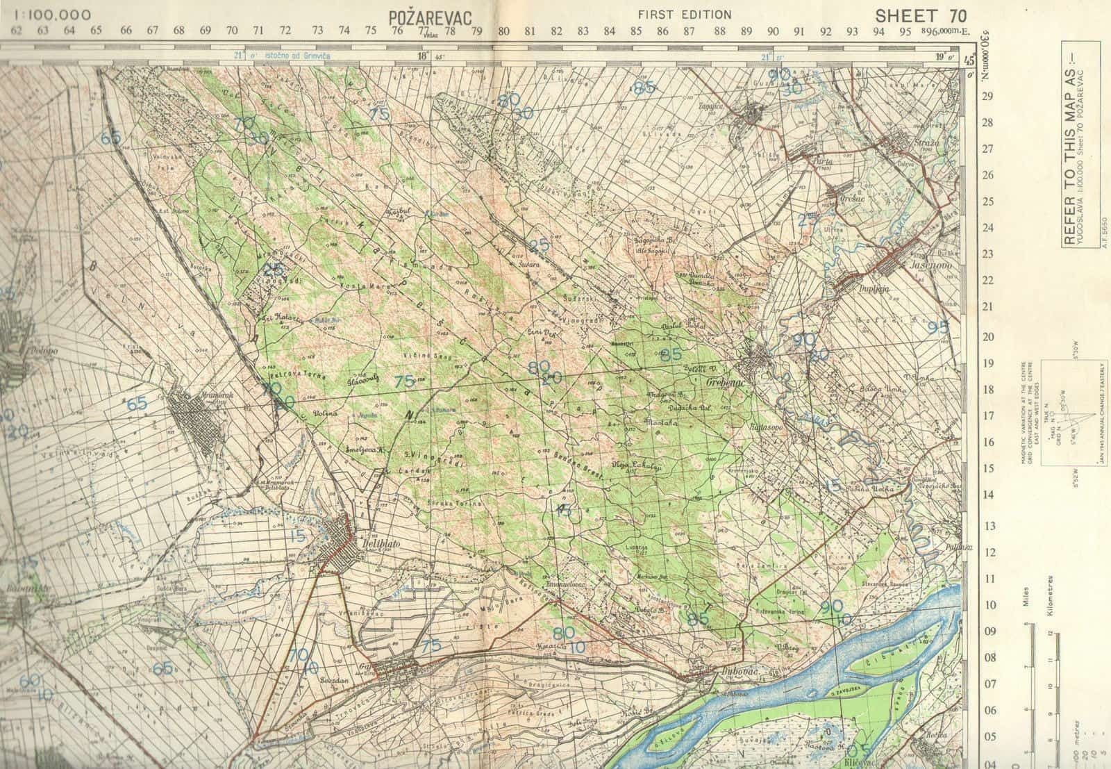 1943 Military Topographic Map Pozarevac Smederevo Braničevo Yugoslavia Wwii