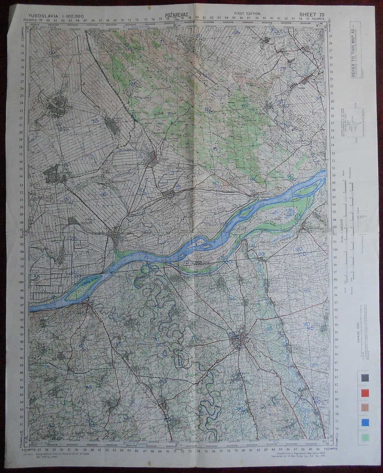 1943 Military Topographic Map Pozarevac Smederevo Braničevo Yugoslavia Wwii photo furniture