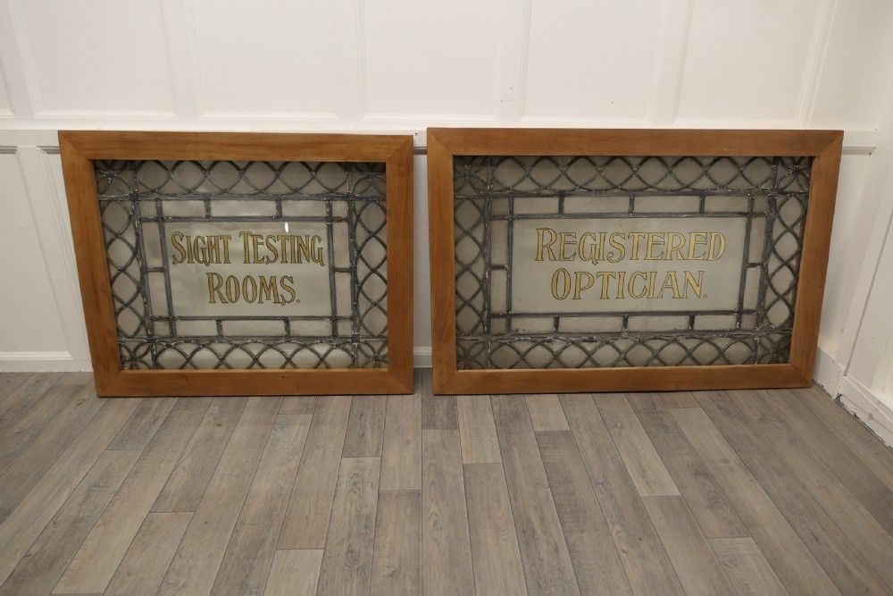 2 Large Leaded Glass Optician’s Window Signs photo for sale