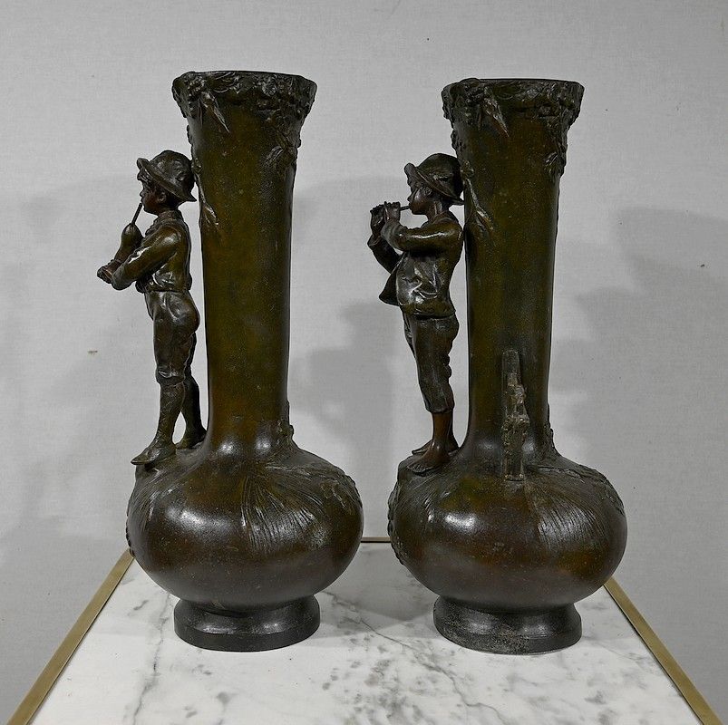 Pair Of Spelter Vases "Musician Children", After A. Moreau   Late 19th Century photo 968.2