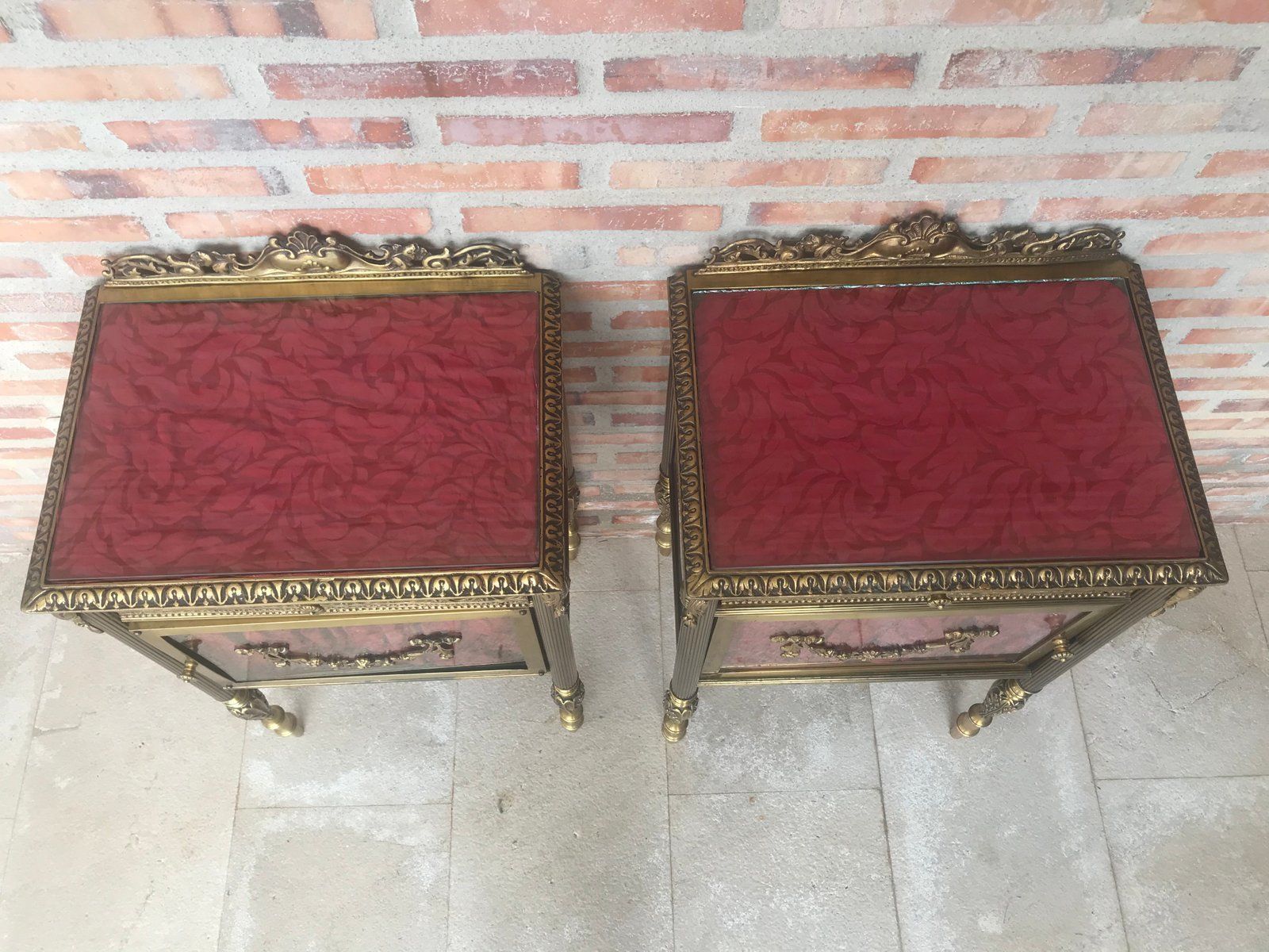 Furniture Antique Louis XVI Bronze & Glass Nightstands, Set Of 2 Bedside Tables photo