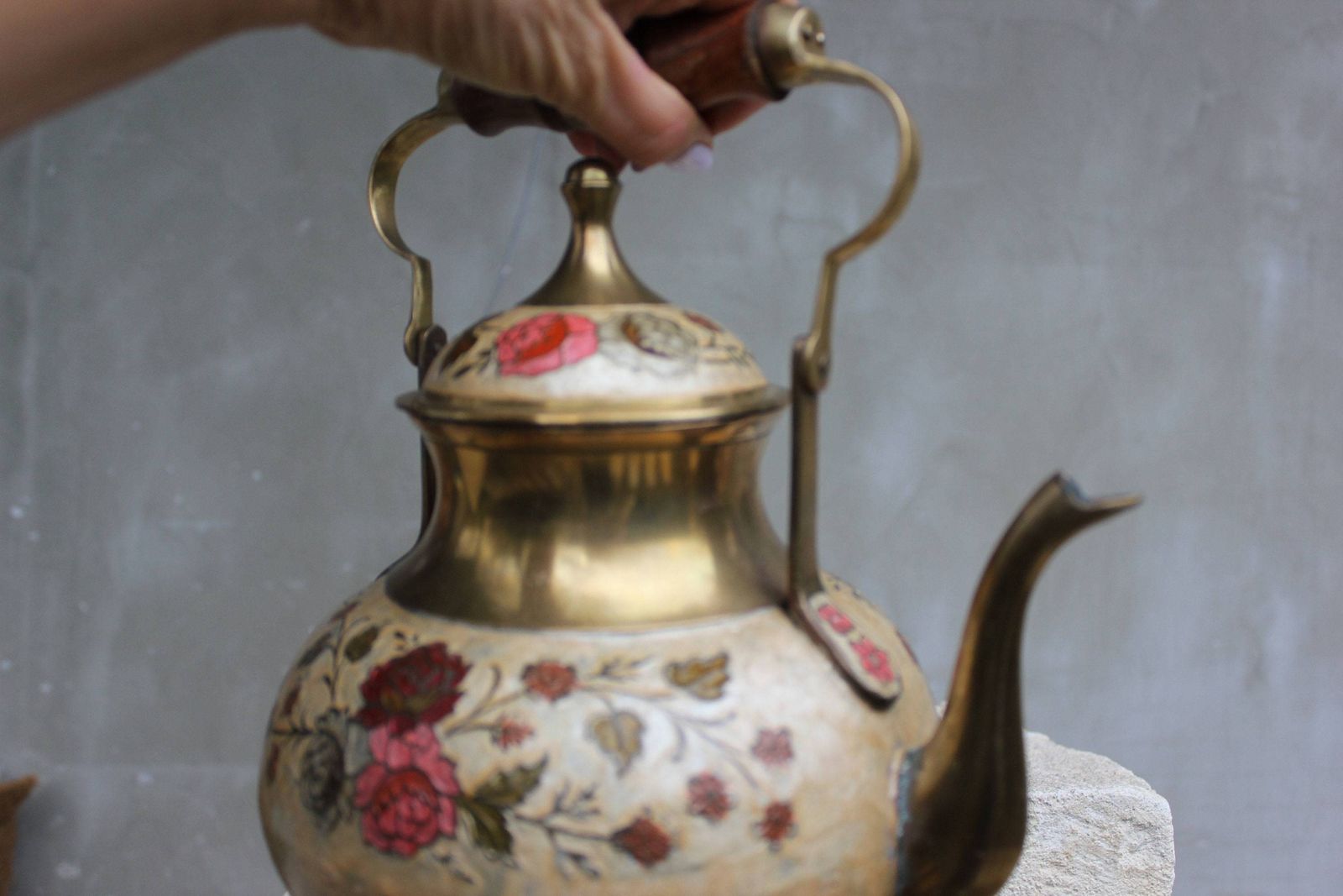 Unique Enamel Brass Teapot, Vintage Kettle With Beautiful Ornate Flowers Classic Shape Rustic Kitchen Decoration photo buy