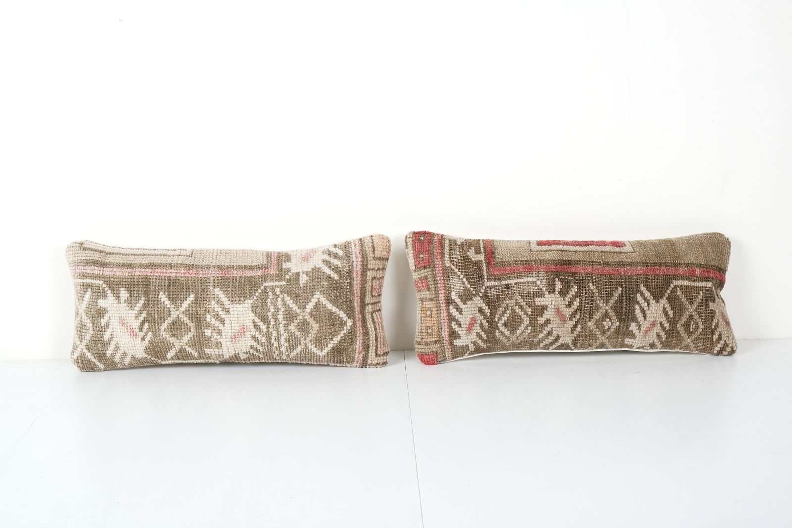 Set Of Two Anatolian Oblong, Pair Brown Ethnic Faded Handmade Lumbar Cover, Vintage Carpet Soft Wool Pillow 8'' X 18''